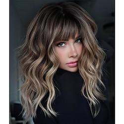 Brown Wig with Bangs,Brown Highlight Wavy Wigs for Women,Shoulder Length Curly Synthetic Hair Wig for Party Daily Use 18 inch Lightinthebox