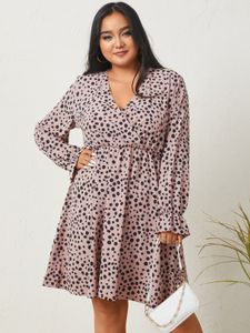 Plus Size V-neck Polka Dot Wrap Design Long Sleeves Mini Dress