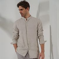 100% Linen Men's Shirt Linen Shirt Button Up Shirt Yellow Navy Blue Green Long Sleeve Plain Stand Collar Spring   Fall Outdoor Daily Clothing Apparel Lightinthebox - thumbnail