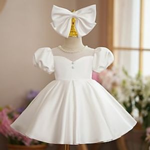 Kids Little Girls' Dress Solid Colored A Line Dress Party Performance Mesh Bow White Asymmetrical Short Sleeve Princess Sweet Dresses Spring Summer Regular Fit 3-12 Years miniinthebox