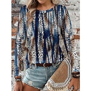 Women's T shirt Tee Leopard Daily Weekend Black Blue Print Long Sleeve Fashion Round Neck Regular Fit Spring Lightinthebox