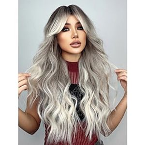 26 Inch Long Natural Curly Wavy Wig With Bangs,  Ombre Platinum Blonde Synthetic Wigs Lightinthebox