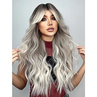 26 Inch Long Natural Curly Wavy Wig With Bangs,  Ombre Platinum Blonde Synthetic Wigs Lightinthebox