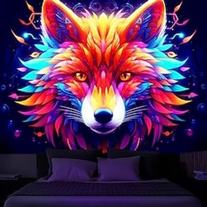 Blacklight Tapestry UV Reactive Glow in the Fox Animal Trippy Misty Nature Landscape Hanging Tapestry Wall Art Mural for Living Room Bedroom miniinthebox