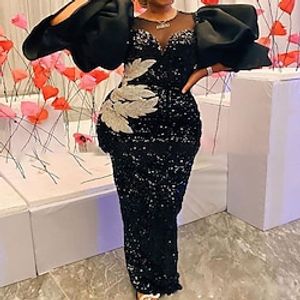 Women's Plus Size Party Dress Leaf Crew Neck Sequins 3/4 Length Sleeve Spring Fall Stylish Elegant Prom Dress Maxi long Dress Formal Party Dress / Sequin Dress / Mesh miniinthebox