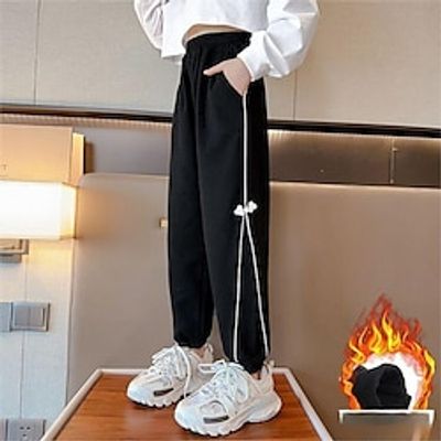 Kids Girls' Sweatpants Solid Color Active Side Stripe School 7-13 Years Spring Black plus velvet Off-white plus velvet Black regular style Lightinthebox