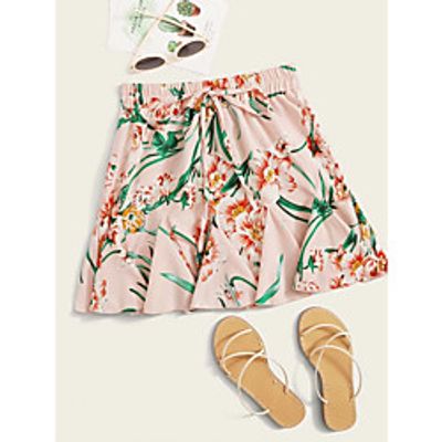 Women's Date Vacation Basic Streetwear Skirts Floral / Botanical Flower Drawstring Ruffle Blushing Pink miniinthebox