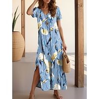 Women's Casual Dress Summer Dress Floral Print V Neck Long Dress Maxi Dress Streetwear Maxi Street Holiday Short Sleeve Loose Fit Blue Summer S M L XL 2XL Lightinthebox