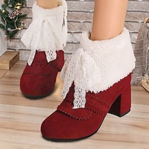 Women's Boots Xmas Shoes Snow Boots Plus Size Christmas Xmas Fleece Lined Booties Ankle Boots Winter Chunky Heel Round Toe Vintage Fashion Cute Suede Lace-up Solid Color Black Red miniinthebox