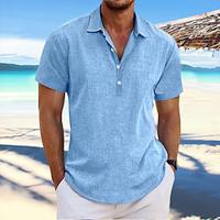 Men's Shirt Linen Shirt Summer Shirt Beach Shirt Summer Hawaiian Shirt Black White Blue Short Sleeve Solid Color Fold-over Collar Spring Summer Street Daily Clothing Apparel Lightinthebox