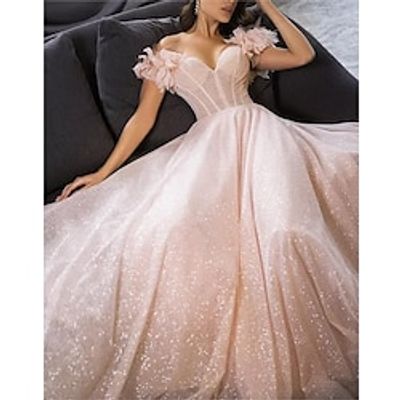 A-Line Prom Dresses Glittering Dress Prom Birthday Floor Length Sleeveless Off Shoulder Tulle with Glitter Crystals 2023 Lightinthebox