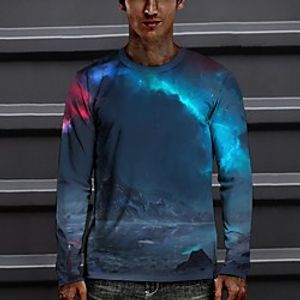 Men's Tee T shirt 3D Print Graphic Scenery Round Neck Casual Daily 3D Print Long Sleeve Tops Casual Classic Chinoiserie Dusty Blue miniinthebox