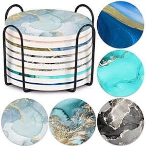 Drink Coasters with Holder, Absorbent Coaster Sets of 4 6 8, Marble Style Ceramic Drink Coaster for Tabletop Protection, Suitable for Kinds of Cups Housewarming Gifts for Home Decor, 4 Inches Lightinthebox