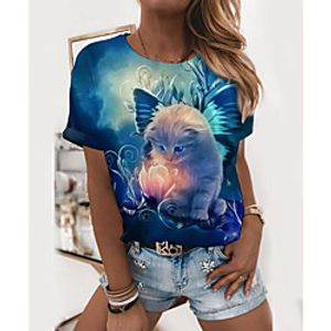 Women's 3D Cat T shirt Cat 3D Animal Print Round Neck Tops Basic Basic Top Blue Lightinthebox