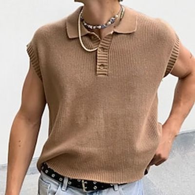 Men's Knit Polo Sweater Golf Shirt Street Casual Lapel Sleeveless Fashion Basic Plain Button Summer White Pink Blue Brown Gray Knit Polo Sweater Lightinthebox