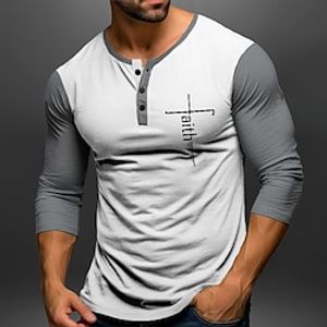 Graphic Color Block Faith Fashion Daily Casual Men's 3D Print Henley Shirt Casual Holiday Going out T shirt Black Brown Dark Blue Long Sleeve Henley Shirt Spring   Fall Clothing Apparel S M L XL XXL Lightinthebox