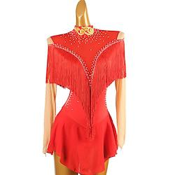 Figure Skating Dress Women's Girls' Ice Skating Dress Red Patchwork Open Back Mesh High Elasticity Training Competition Skating Wear Classic Crystal / Rhinestone Long Sleeve Ice Skating Figure Skating Lightinthebox