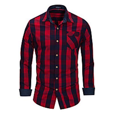 Men's Shirt Plaid Button-Down Long Sleeve Street Tops Cotton Business Casual Comfortable Blue Black Red miniinthebox