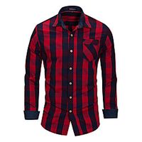 Men's Shirt Plaid Button-Down Long Sleeve Street Tops Cotton Business Casual Comfortable Blue Black Red miniinthebox - thumbnail