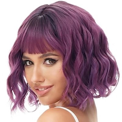 Rose bud Wavy Bob Wig with Bangs Natural Ombre Purple Wig Synthetic Hair Shoulder Length Short Curly Wigs for Women Christmas Party Wigs miniinthebox