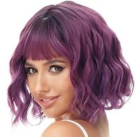 Rose bud Wavy Bob Wig with Bangs Natural Ombre Purple Wig Synthetic Hair Shoulder Length Short Curly Wigs for Women Christmas Party Wigs miniinthebox - thumbnail