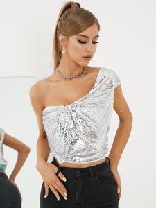 YOINS Silver Sequins Bowknot One Shoulder Sleeveless Blouse