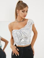 YOINS Silver Sequins Bowknot One Shoulder Sleeveless Blouse - thumbnail