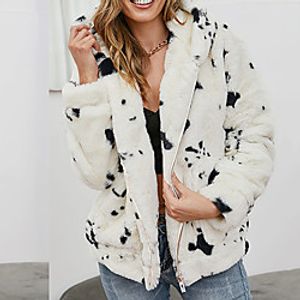 Women's Faux Fur Coat Street Daily Going out Fall Winter Regular Coat Regular Fit Warm Casual Jacket Long Sleeve Print Fur Trim Photo Color miniinthebox