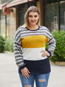 YOINS Plus Size Crew Neck Striped Multicolor Knit Long Sleeves Tee
