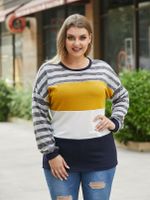 YOINS Plus Size Crew Neck Striped Multicolor Knit Long Sleeves Tee - thumbnail