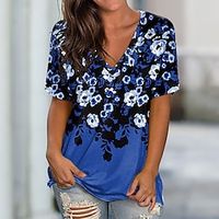 Women's Floral Theme Painting T shirt Floral Print V Neck Basic Tops Green Blue Purple  3D Print Lightinthebox - thumbnail