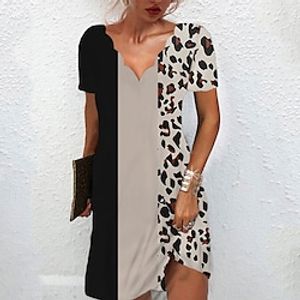 Women's Casual Dress Shift Dress Midi Dress Khaki Short Sleeve Leopard Print Spring Summer V Neck Vacation 2023 S M L XL XXL 3XL miniinthebox