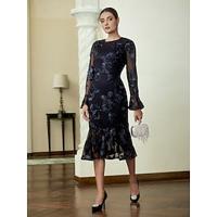 Embroidered Cocktail Long Sleeve Party Midi Dress