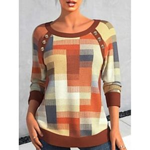 Women's T shirt Tee Orange Plaid Button Print Long Sleeve Daily Weekend Fashion Round Neck Regular Fit Painting Spring   Fall Lightinthebox