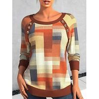 Women's T shirt Tee Orange Plaid Button Print Long Sleeve Daily Weekend Fashion Round Neck Regular Fit Painting Spring   Fall Lightinthebox - thumbnail