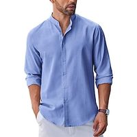 Men's Shirt Linen Shirt Button Up Shirt Beach Shirt Black White Blue Long Sleeve Plain Band Collar Spring   Fall Casual Daily Clothing Apparel Lightinthebox - thumbnail