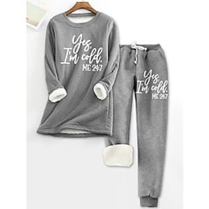 Women's Fleece Pajama Sets Lounge Sets Letter Warm Comfort Soft Home Daily Bed Fleece Warm Breathable Crew Neck Long Sleeve Pullover Pant Elastic Waist Fall Winter Gray Lightinthebox