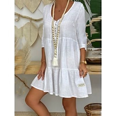 Women's Casual Dress Cotton Linen Dress White Dress Mini Dress Linen Cotton Blend Basic Casual Daily Date Weekend V Neck Button Basic 34 Length Sleeve Summer Spring 2023 Loose Fit White Plain S M L Lightinthebox