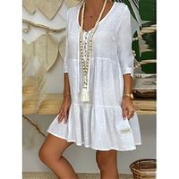 Women's Casual Dress Cotton Linen Dress White Dress Mini Dress Linen Cotton Blend Basic Casual Daily Date Weekend V Neck Button Basic 34 Length Sleeve Summer Spring 2023 Loose Fit White Plain S M L Lightinthebox - thumbnail