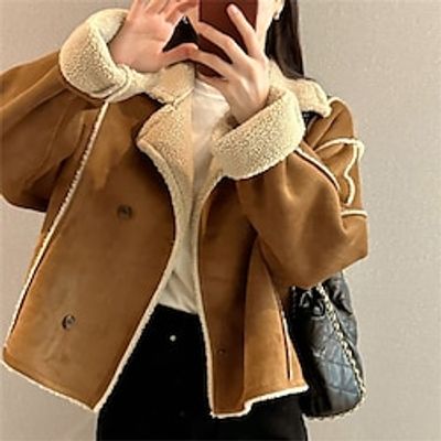 Women's Winter Coat Fleece Jacket Warm Breathable Street Daily Wear Vacation Going out Button Double Breasted Turndown Casual Street Style Plain Regular Fit Outerwear Long Sleeve Fall Winter Camel Lightinthebox