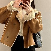 Women's Winter Coat Fleece Jacket Warm Breathable Street Daily Wear Vacation Going out Button Double Breasted Turndown Casual Street Style Plain Regular Fit Outerwear Long Sleeve Fall Winter Camel Lightinthebox - thumbnail