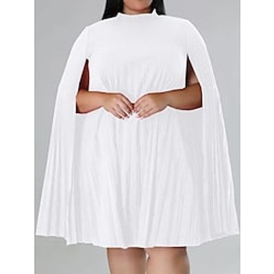 Women's Plus Size Casual Dress Shift Dress Solid Color Midi Dress Long Sleeve Pleated Stand Collar Basic Daily Black White Fall Spring XL XXL 3XL 4XL 5XL Lightinthebox