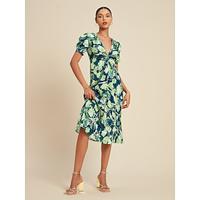 Satin Floral Print Knot Front V Neck Midi Dress