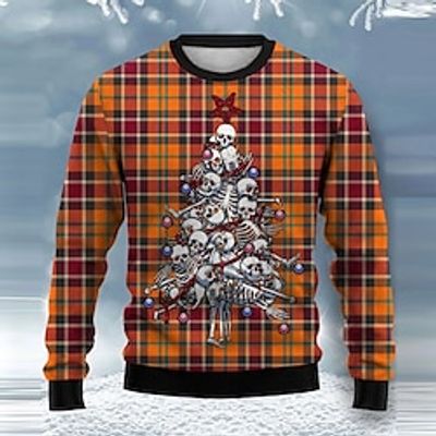 Skull Christmas Tree Plaid  Check Gothic Men's Knitting Print Ugly Christmas Sweater Pullover Sweater Jumper Knitwear Outdoor Daily Vacation Christmas Long Sleeve Crewneck Sweaters Orange Fall Winter Lightinthebox