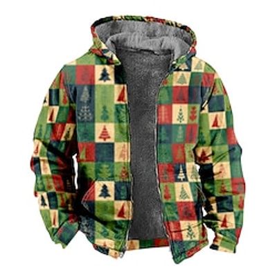 Christmas Tree Merry Christmas Casual Men's Fleece Jacket Coat Hoodie Jacket Christmas Daily Wear Vacation Winter Hooded Long Sleeve White Dark Green Green S M L Polyester Jacket Lightinthebox