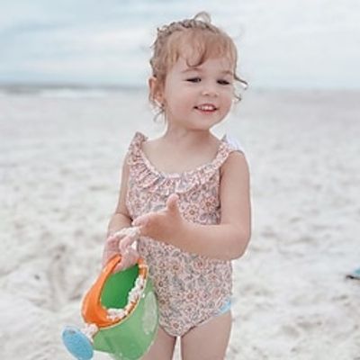 Toddler Girls' Swimsuit School Graphic Active Ruffle Bathing Suits 3-7 Years Summer One piece swimsuit beige striped One piece swimsuit red brown flowers One piece swimsuit beige flowers Lightinthebox