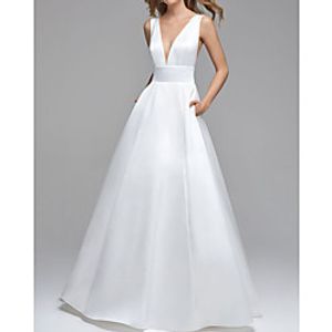 A-Line Wedding Dresses V Neck Floor Length Satin Sleeveless Simple with 2021 Lightinthebox