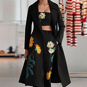 Women's Trench Coat Street Daily Going out Fall Winter Short Coat Regular Fit Windproof Warm Casual Streetwear Jacket Long Sleeve Floral Print Black Khaki miniinthebox