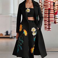Women's Trench Coat Street Daily Going out Fall Winter Short Coat Regular Fit Windproof Warm Casual Streetwear Jacket Long Sleeve Floral Print Black Khaki miniinthebox - thumbnail