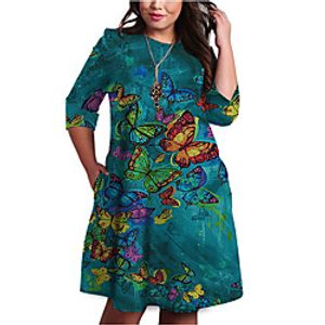 Women's Plus Size Dress Shift Dress Knee Length Dress 34 Length Sleeve Graphic Butterfly Print Basic Fall Spring Summer Blue Green XL XXL 3XL 4XL 5XL Lightinthebox
